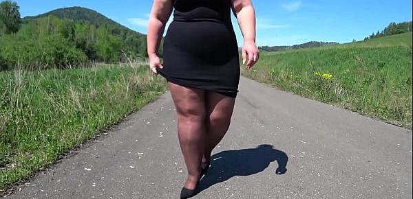  Mature BBW in nylon pantyhose and high heels walks down the public road Foot fetish Big booty ASMR